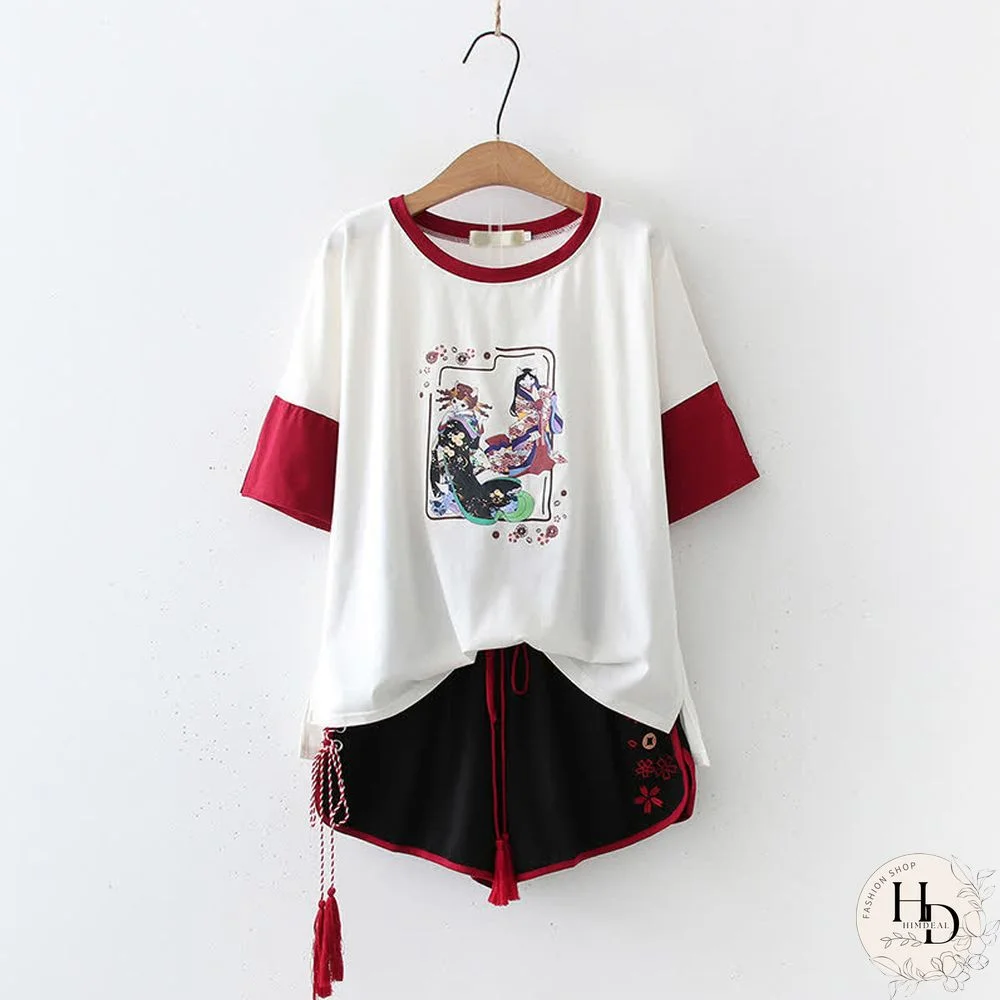 Vintage Tassels Ukiyoe Print Colorblock T-Shirt Shorts Set