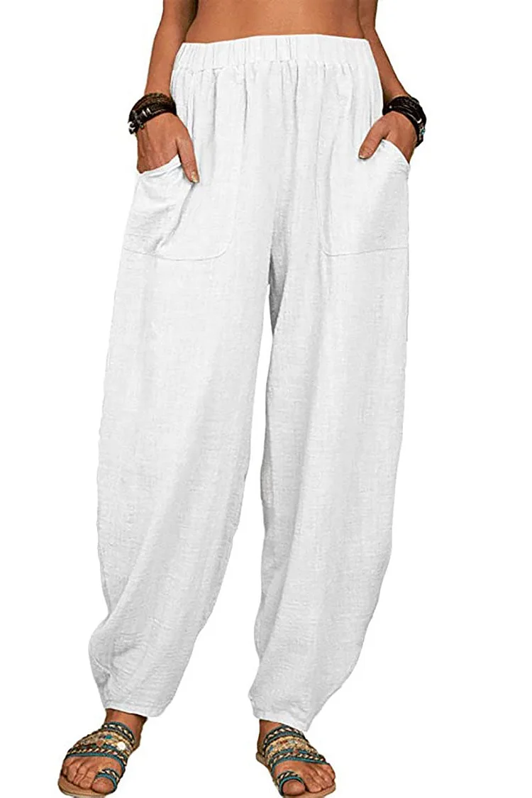 Linen Elastic Mid-Rise Casual Harem Pants