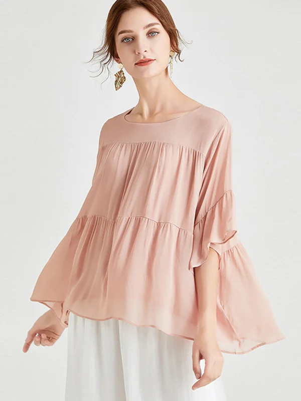 Minimalist Casual Tencel Pure Color Pleated T-Shirt Top