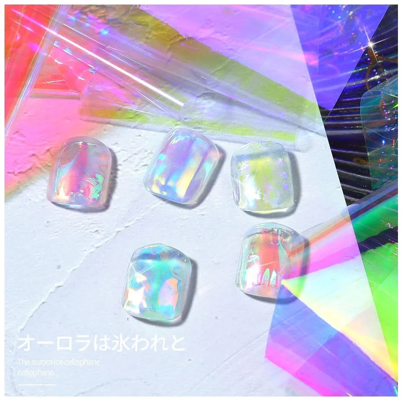 Aurora Nail Art Glass Foil Film DIY Cellophane Paper Ice Cube Gradient Korean Nail Trend Ice Cube Nail Art Decoration 1Bottle-Nail Inspo