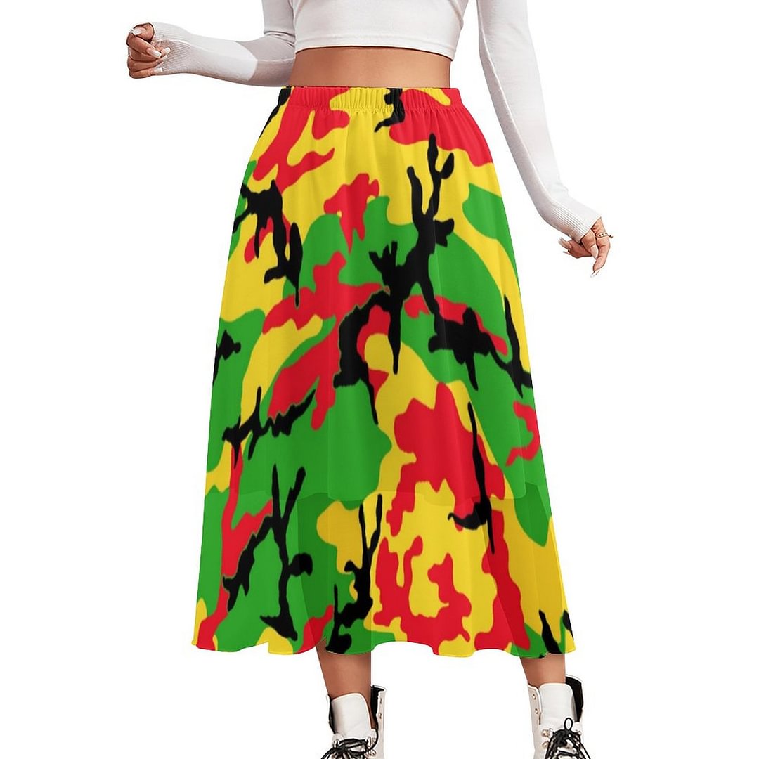 Rasta Camo Women Double-Layered Long Beach Skirt Loose Elastic Waistband Chiffon Maxi Skirts - Neewho