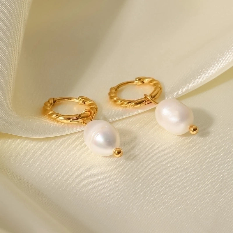 1 Pair French Style Geometric Twist Ring 316 Stainless Steel  Freshwater Pearl Hoop Earrings Drop Earrings