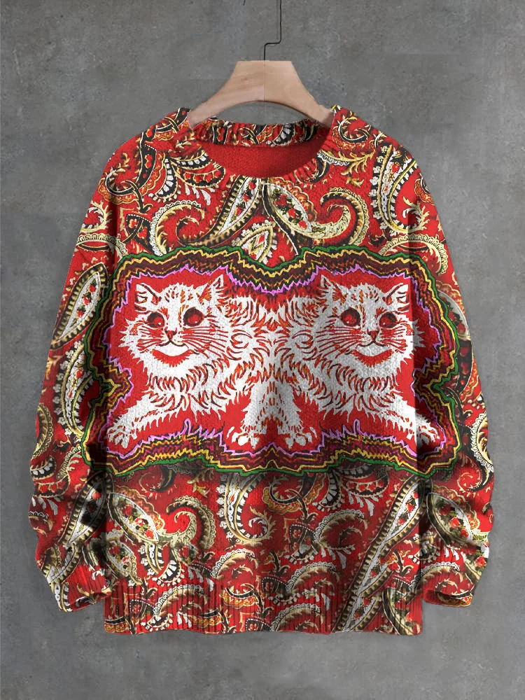 Women's Tribal Paisley Pattern Cat Print Knit Sweatshirt