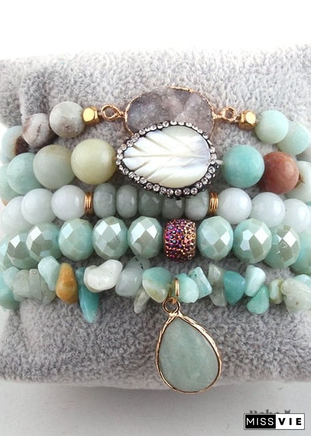 Boho Bracelet, RH Bracelet Set, Diamon Leaf, Natural Stones in Green, Rose, Purple