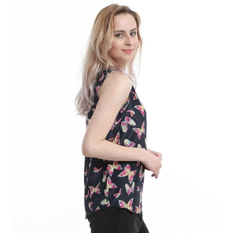CUHAKCI Butterfly Print Chiffon Tank Tops Sleeveless Tees O Neck Cropped Fashion Women Summer T Shirts