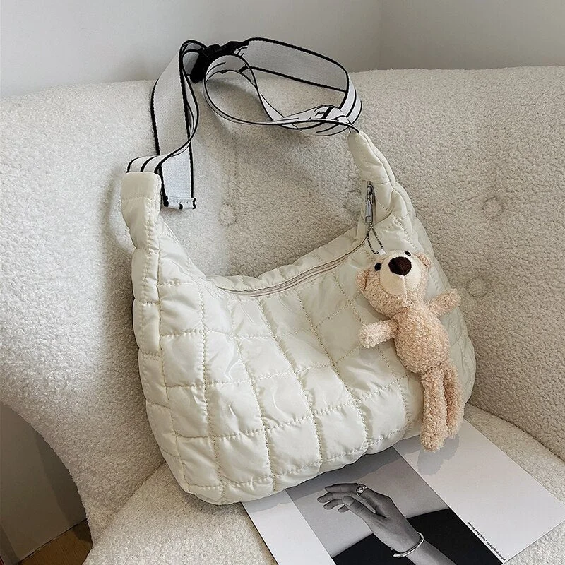 էѧӧܧ Nylon Waterproof Big Grid Soft High Capacity Shoulder Bag for Women 2021 Winter Luxury Fashion Shopper Handbags