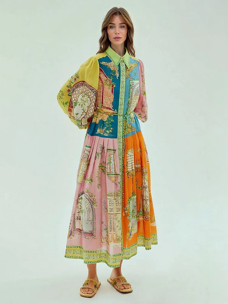 Exquisite Garden Print Button-Down Midi Dress