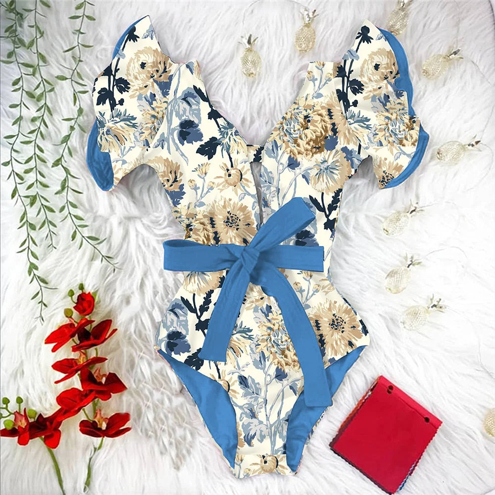 2022 New Sexy Ruffle Print Floral One Piece Strappy Slimming Swimwear Women Swimsuit Deep-V Bathing Suit Beach Wear Monkini