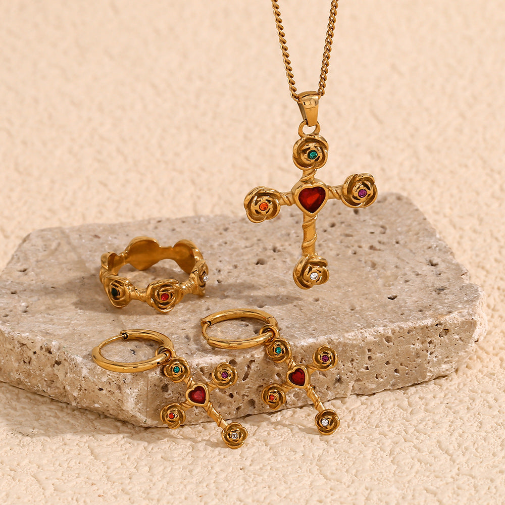 Vintage High-End Necklace Stainless Steel Plated 18K Gold Diamond Rose Cross Pendant Earrings