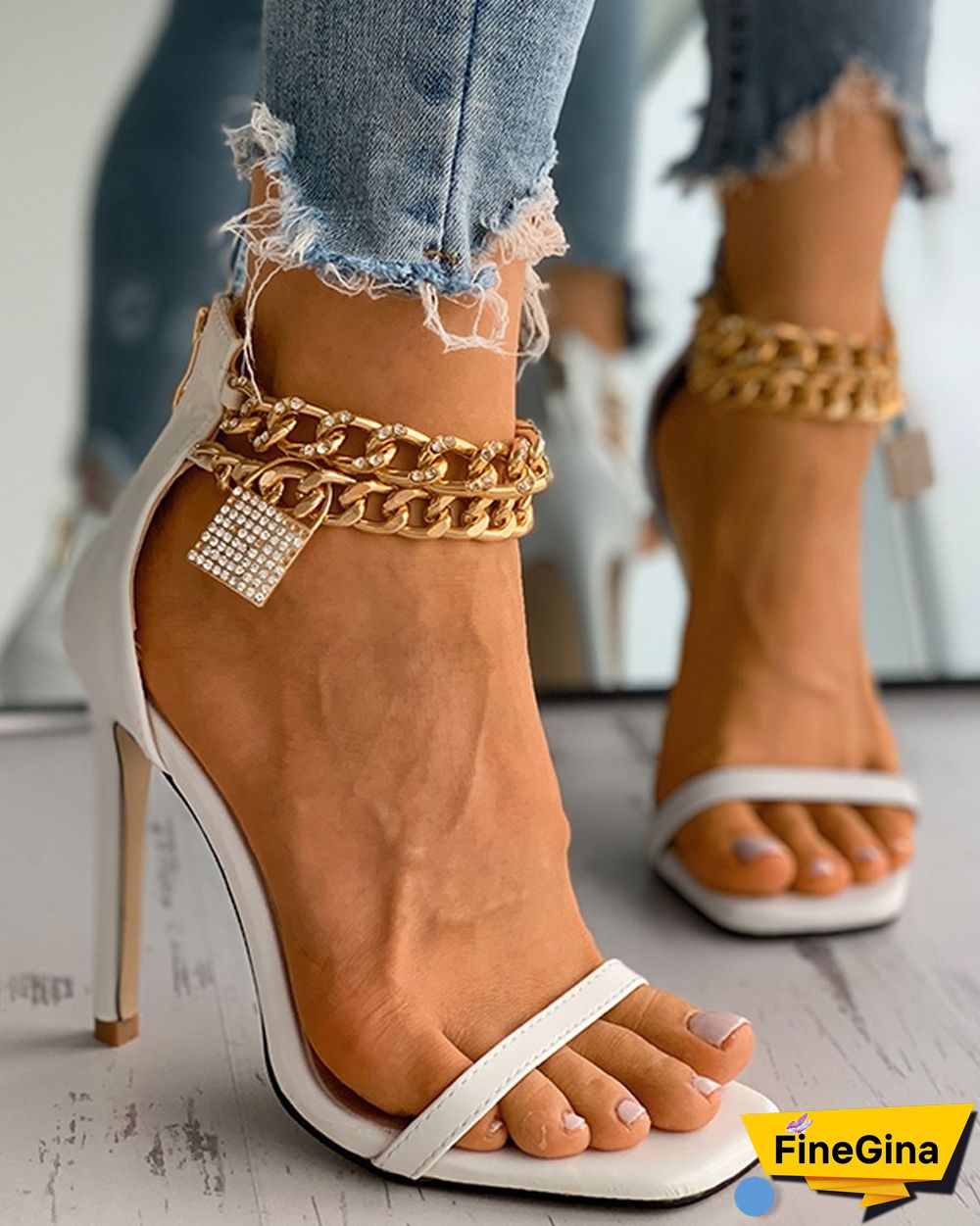 Lock Pattern Studded Chain Strap Stiletto Heels