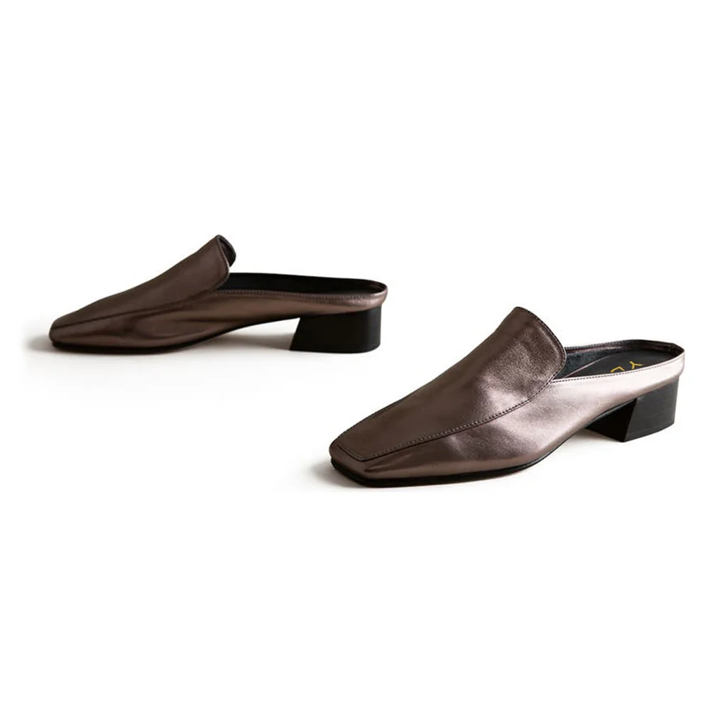 Saddle Brown Square Toe Loafer Style Block Heel Mules Shoes