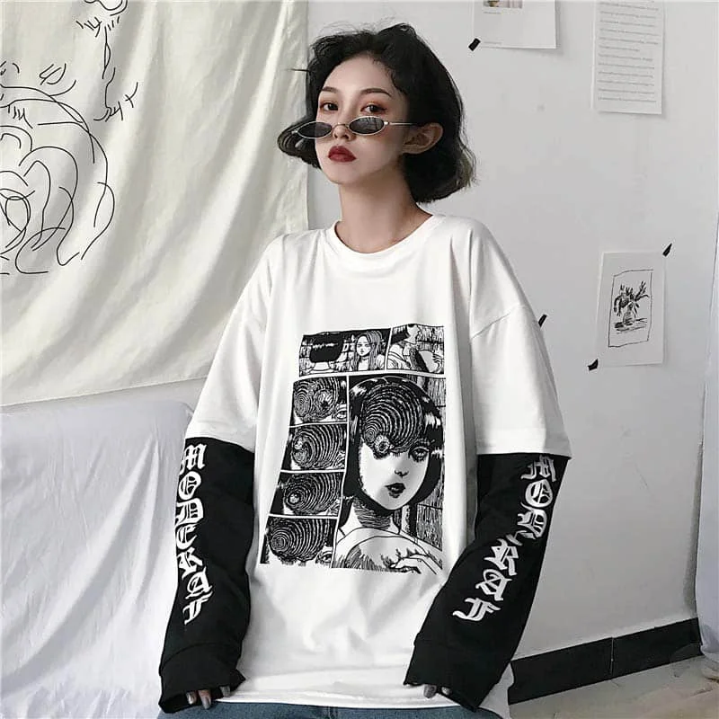 NiceMix Harajuku Streetwear Vintage White T Shirt Women Gothic Tops Kawaii Cartoon Funny Anime Printed Teen Girl Long Sleeve Tee