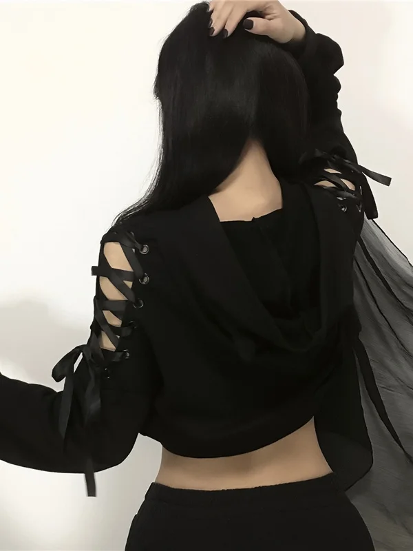 Dark Strapped Off The Shoulder Slim Crop Hoodie