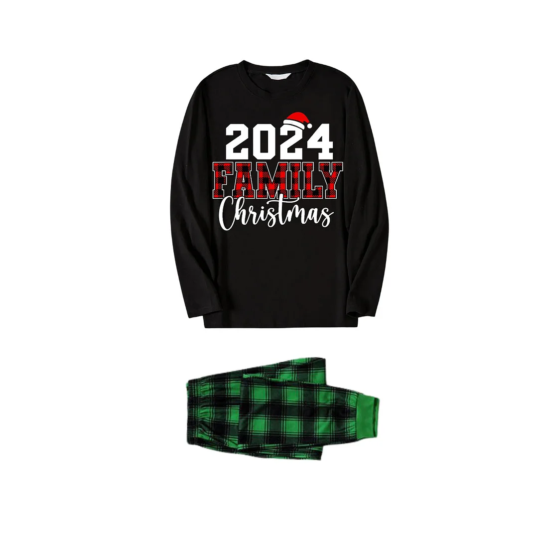 "2024 Family Christmas" Text Printed Black and Green Plaid Family Matching Pajamas