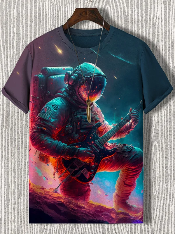 Men's Astronaut Playing Rock Electric Guitar Art Print Casual T-Shirt