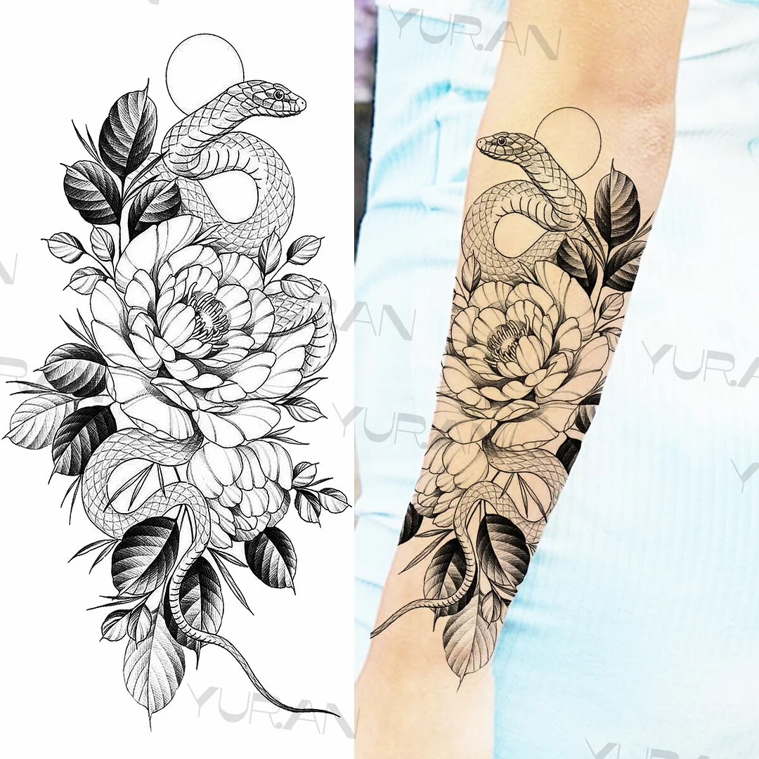 Sdrawing Rose Flower Temporary Tattoos For Women Realistic Snake Butterfly Flora Fake Tattoo Sticker Arm Body Waterproof Tatoos