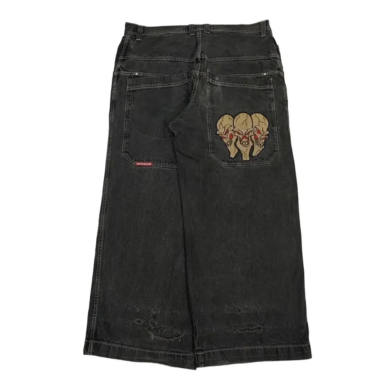 Spontork Retro Skull Graphic Embroidered JNCO Jeans New Harajuku Hip Hop Baggy Jeans Denim  Pants Men Women Goth High Waist Wide Trousers Pants