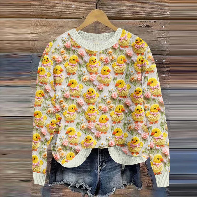 Comstylish Cute Little Yellow Duck Print Knitted Pullover Sweater