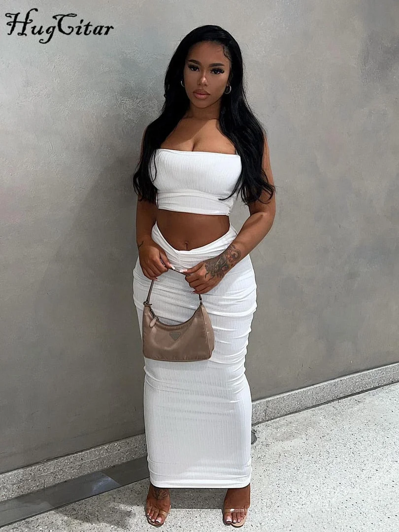 Hugcitar Solid Strapless Tube Crop Top Ruched Maxi Dress 2 Pieces Bodycon 2022 Summer Women Outfit Streetwear Party Y2K Vendor