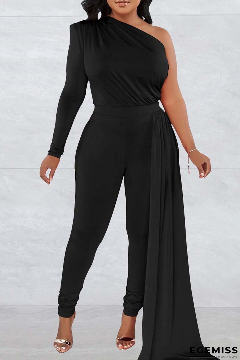 Black Casual Solid Patchwork Backless Oblique Collar Skinny Jumpsuits | EGEMISS