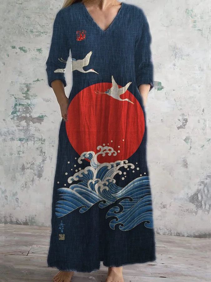 Women's Elegant Sleeve and Geo Print V-Neck Dress