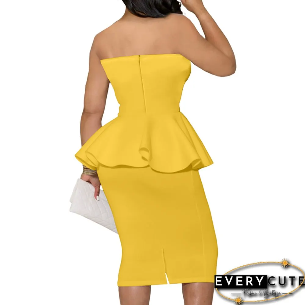 Yellow Ruffle Hem Off Shoulder Office Bodycon Dress