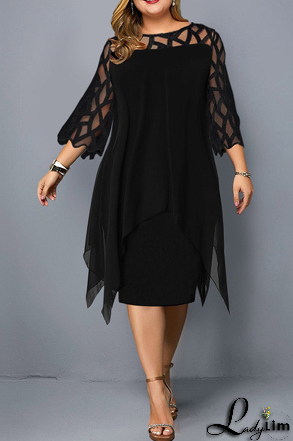Ink Green Casual Solid Lace O Neck Straight Plus Size Dresses