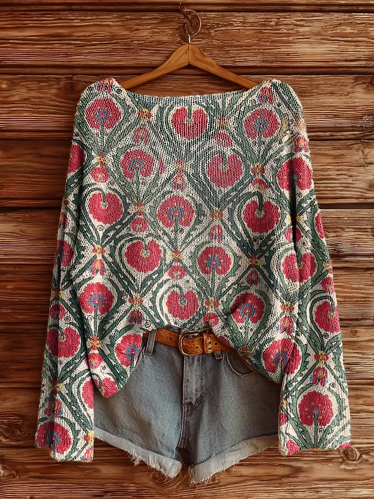Women's Vintage Floral Art Print Casual Pullover Sweater
