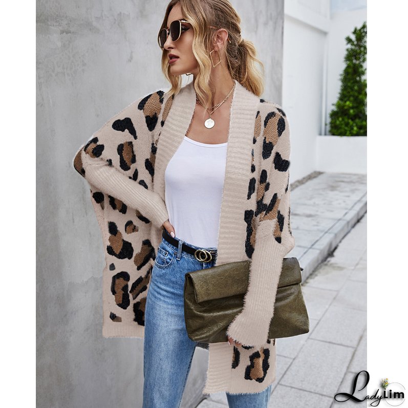 Trendy Leopard Print Bohemian Slim Dolman Sleeve Oversized Sweater Cardigan
