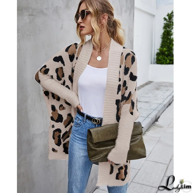 Trendy Leopard Print Bohemian Slim Dolman Sleeve Oversized Sweater Cardigan