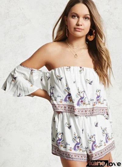 Slash Neck Off Shoulder Peacock Print Romper