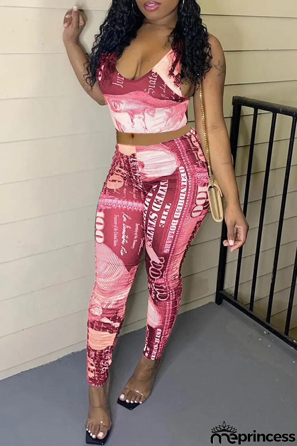 Pink Street Print Spaghetti Strap Sleeveless Two Pieces