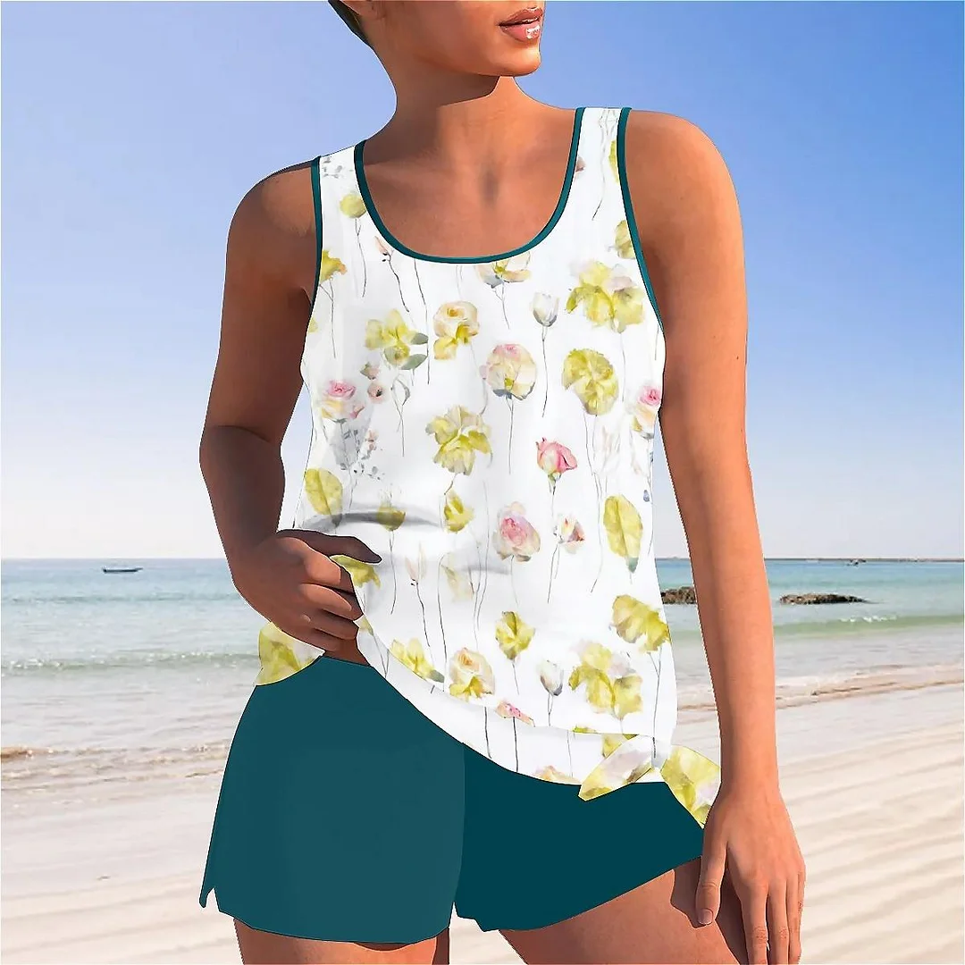 Bowknot Floral,Yellow,Green Mid Waisted Tankini Set - Plus Size Available