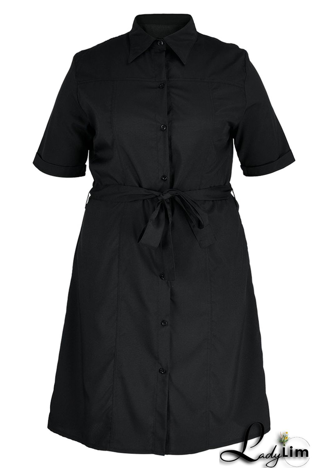 Black Casual Solid Patchwork Buckle Turndown Collar Straight Plus Size Dresses
