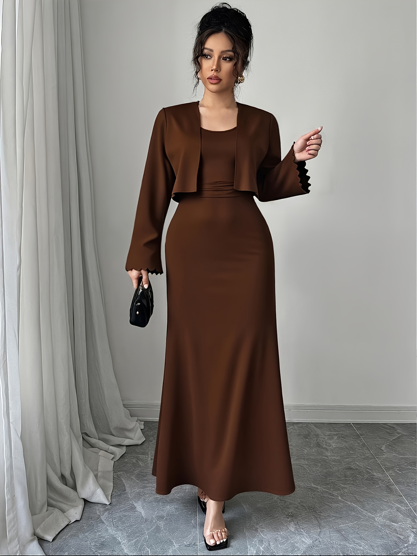 Plus Size, Women's Plus Size Elegant Solid Color Cardigan And Tank Dress Two Piece Set Suitable for Spring And Autumn Seasons New Autumn Promotion Plus Size Women's Clothing