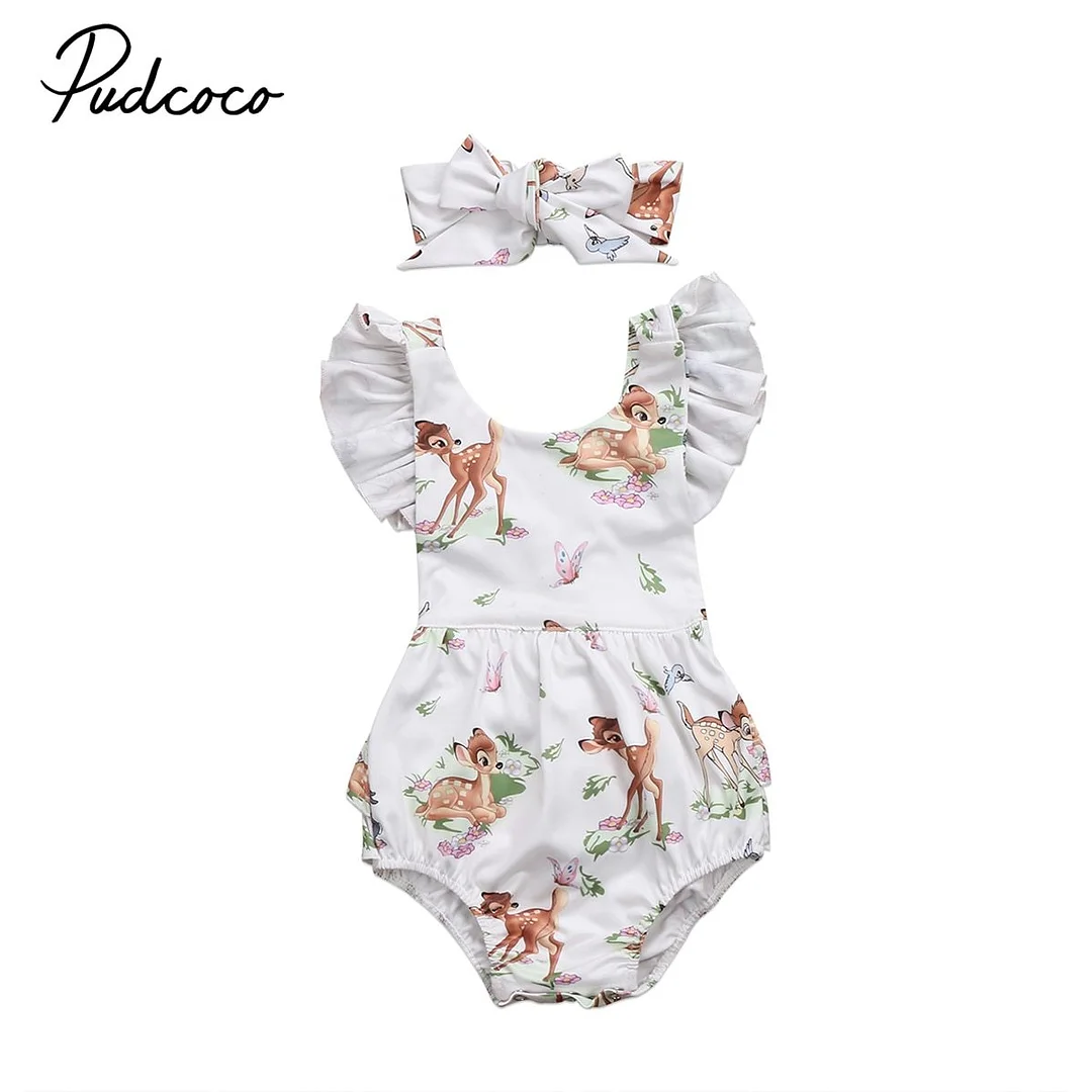 2017 Brand New Toddler Infant Newborn Baby Girl Deer Sleeveless Bodysuit Jumpsuit Headband Clothes Outfit 2Pcs Sets