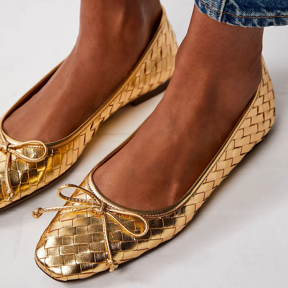 Gold Metallic Square Toe Flat Slip-On Ballet with Bow Nicepairs