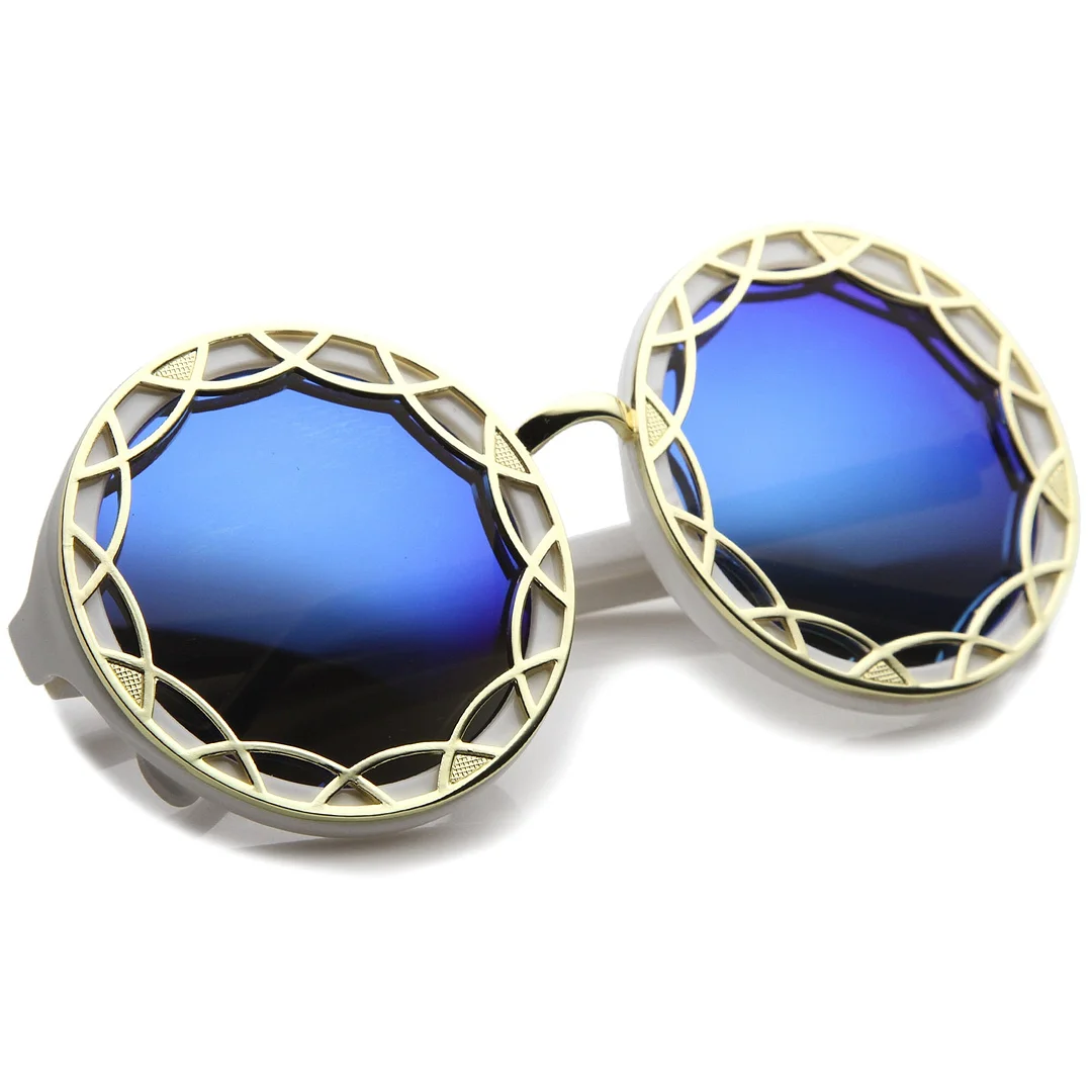 Women's Oversize Ornate Flat Pattern Color Mirror Lens Round glasses 55mm