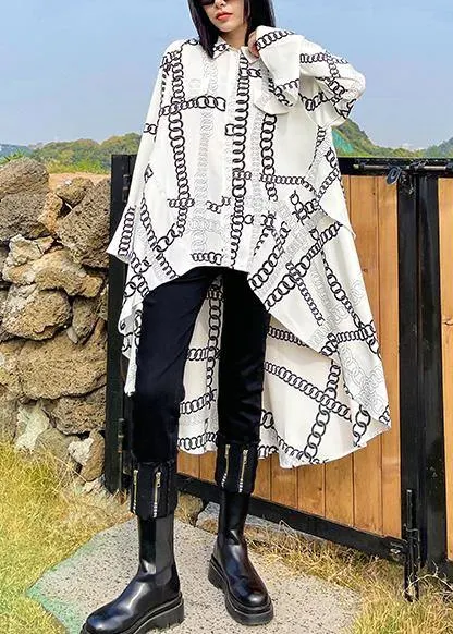 Handmade lapel asymmetric spring tunics for women white print loose shirt