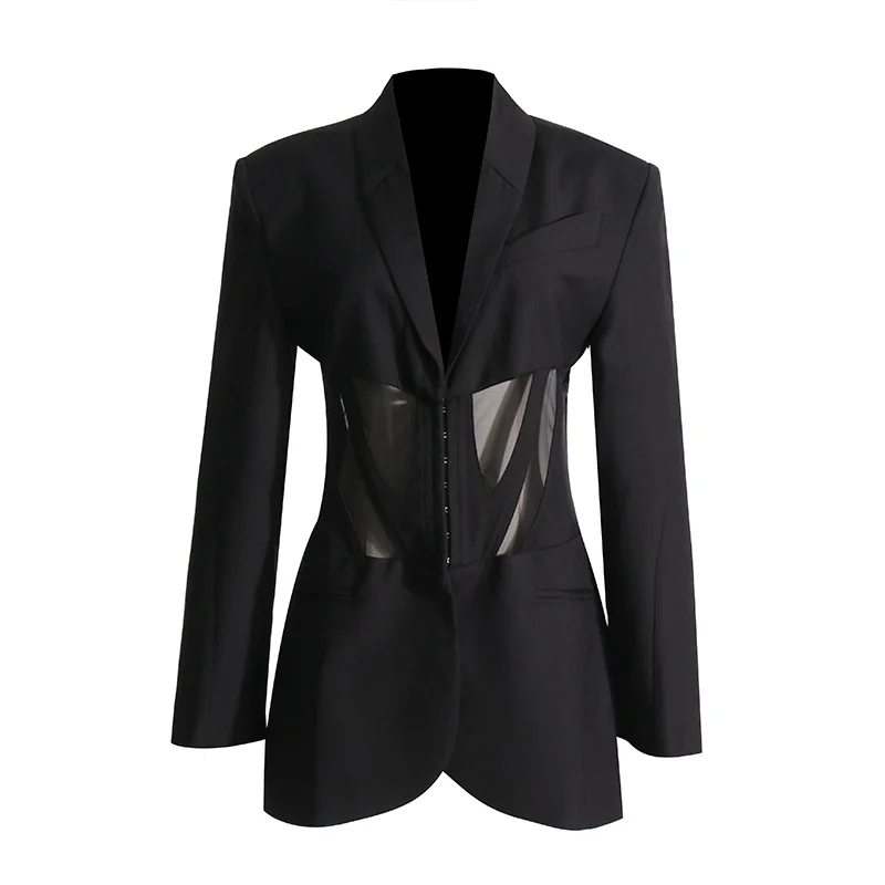 Toloer Toloer Trend Top 2024 Autumn New See-Through Sexy Mesh Stitching Lapel Suit Jacket Female-Outfit Ideas