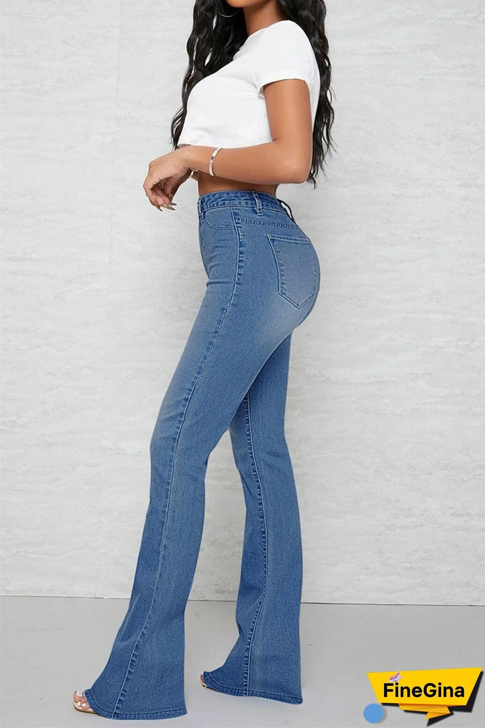 Baby Blue Casual Solid Patchwork Mid Waist Regular Denim Jeans