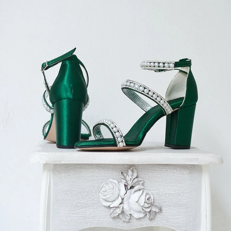 Green Satin Chunky Heels Rhinestones & Pearls Straps Sandals |FSJ Shoes