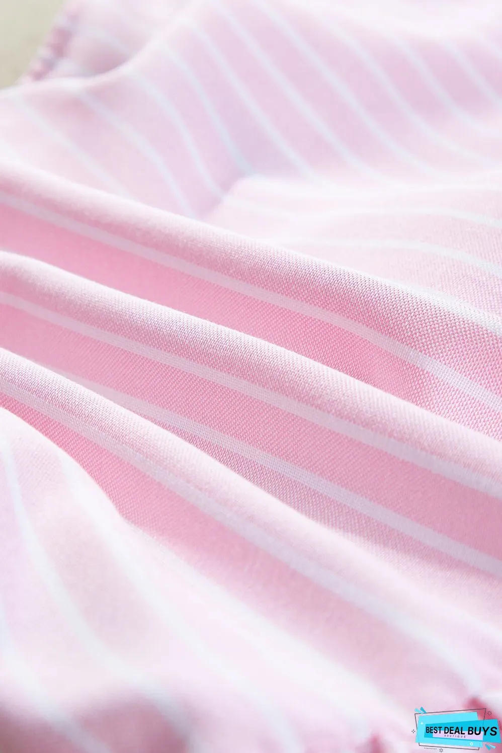 Pink Stripe Bowknot Front Crew Neck Puff Sleeve Blouse
