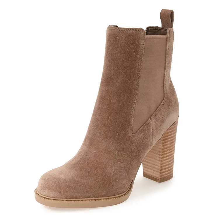 Brown Women's Booties Stacked Heel Chelsea Boots with Pull Tab |FSJ Shoes
