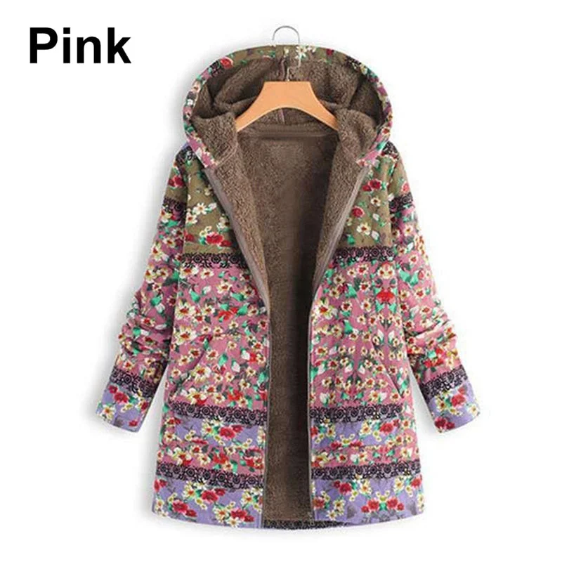 Women Print Winter Coat Casual PlusSize Fluffy Fleece Cozy Women Coat Warm Long Sleeve Zipper Hooded Female Coat Outwear