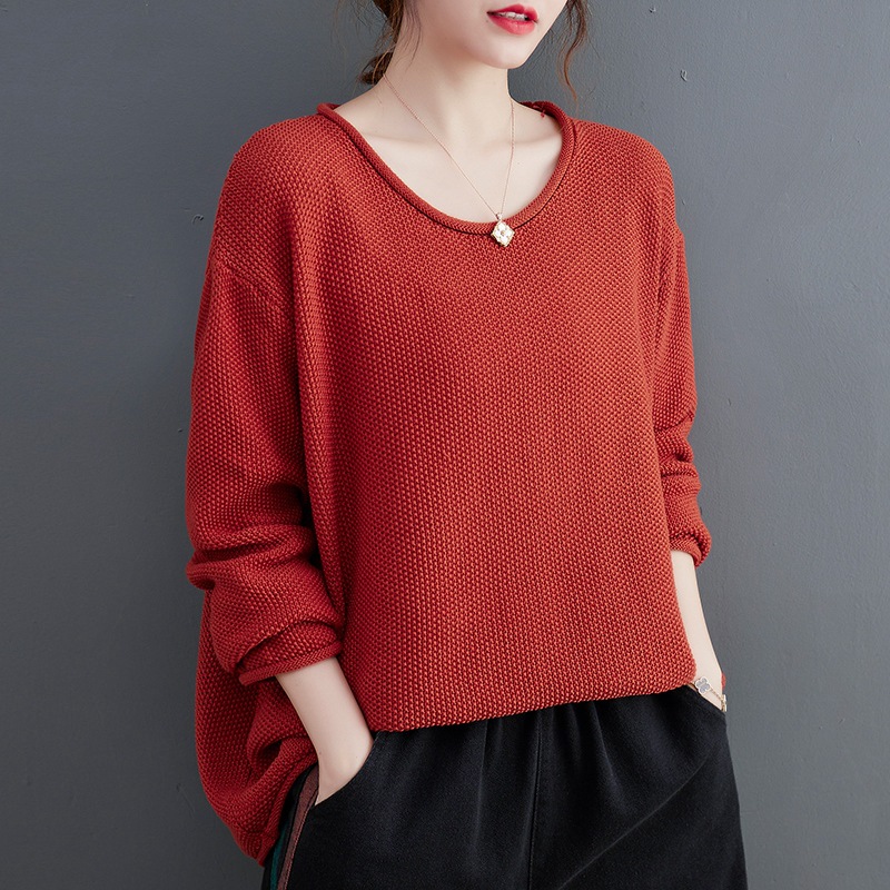 Simple Solid Color Long Sleeve Knitted T-Shirt
