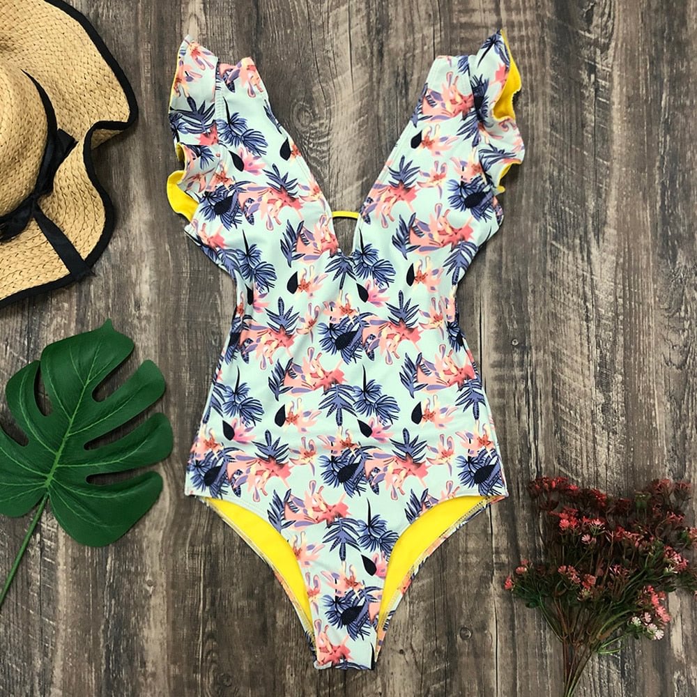 2021 New Ruffle One Piece Swimsuit Off The Shoulder Swimwear Women Print Floral Deep-V Bathing Suit Bodysuit Beach Wear Monokini