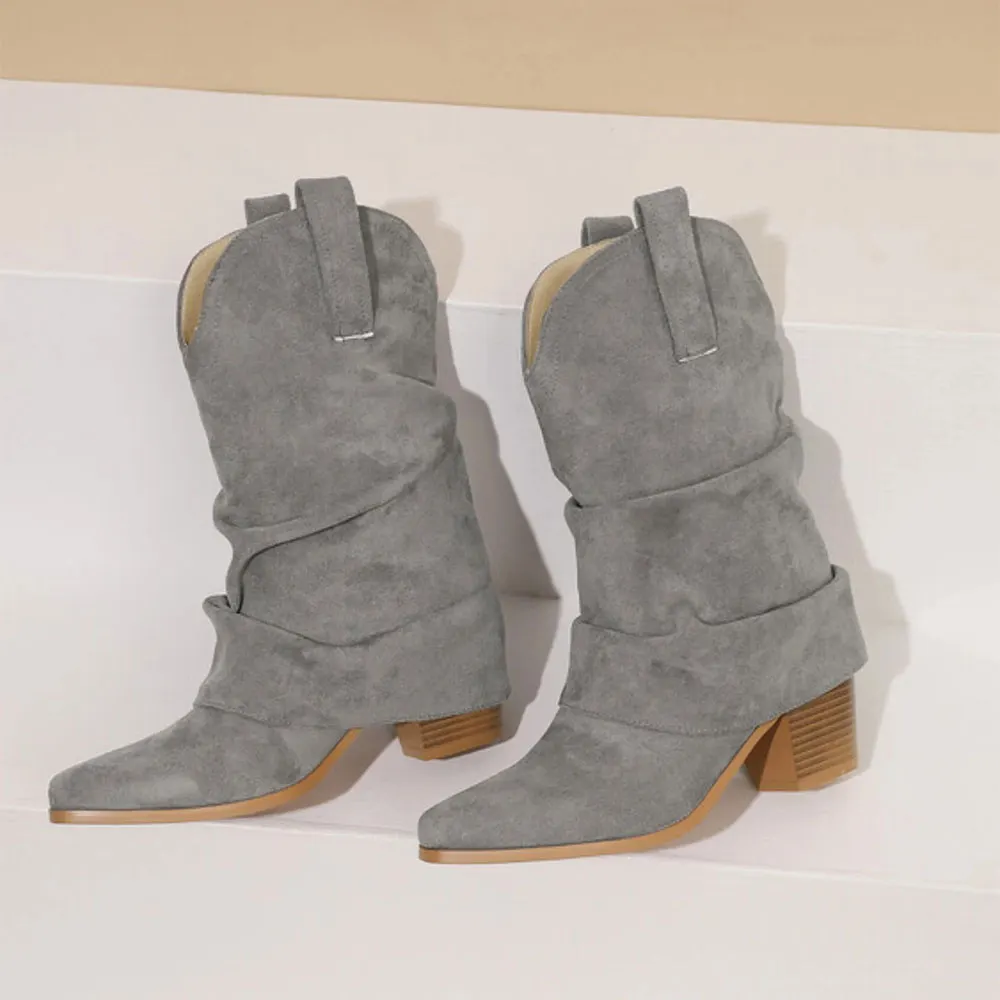 Vegan Suede Fold Over Block Heel Snip Toe Grey Mid Calf Cowgirl Boots