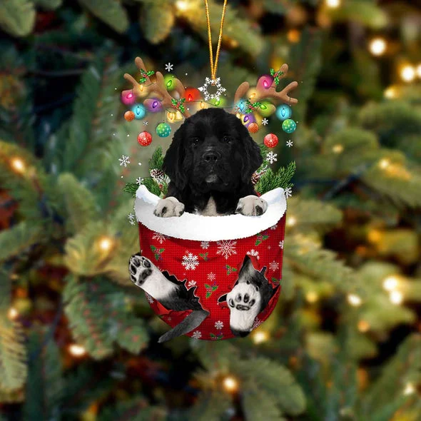 Newfoundland In Snow Pocket Christmas Ornament.