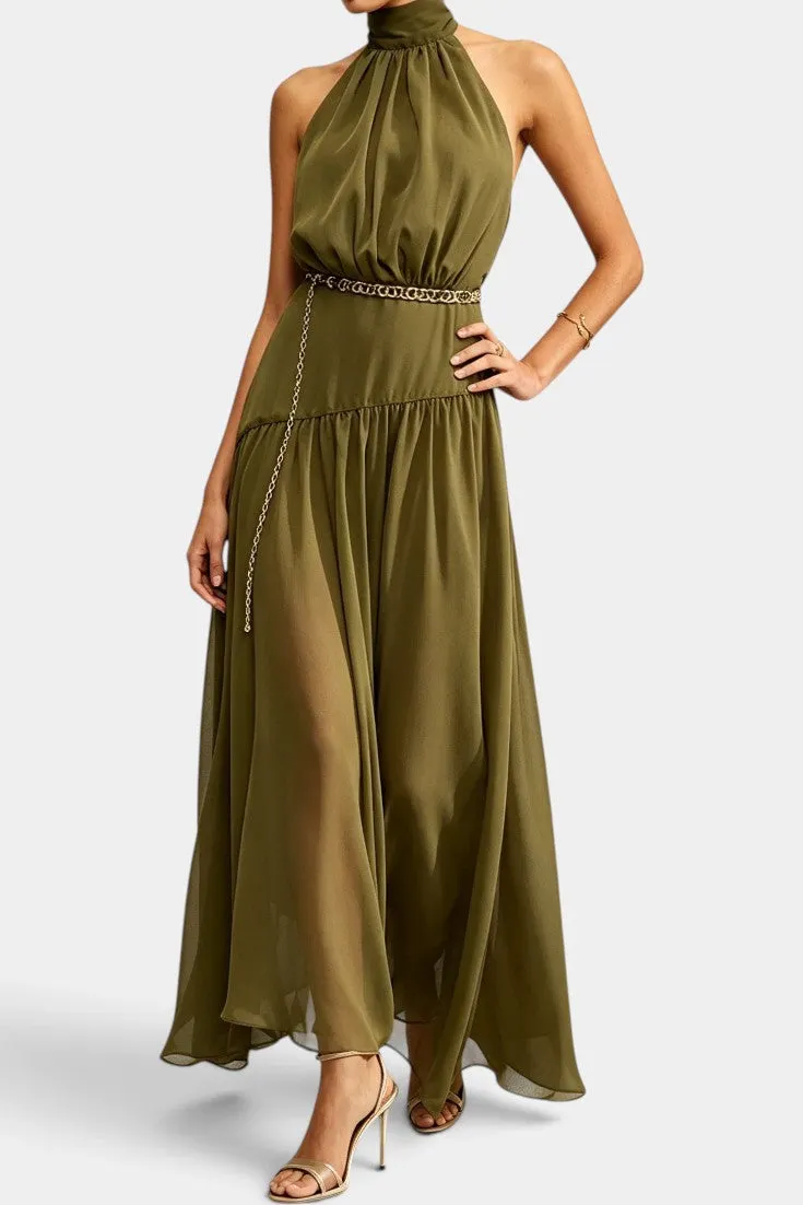 Halter-Neck Maxi Dress with Chain Belt
